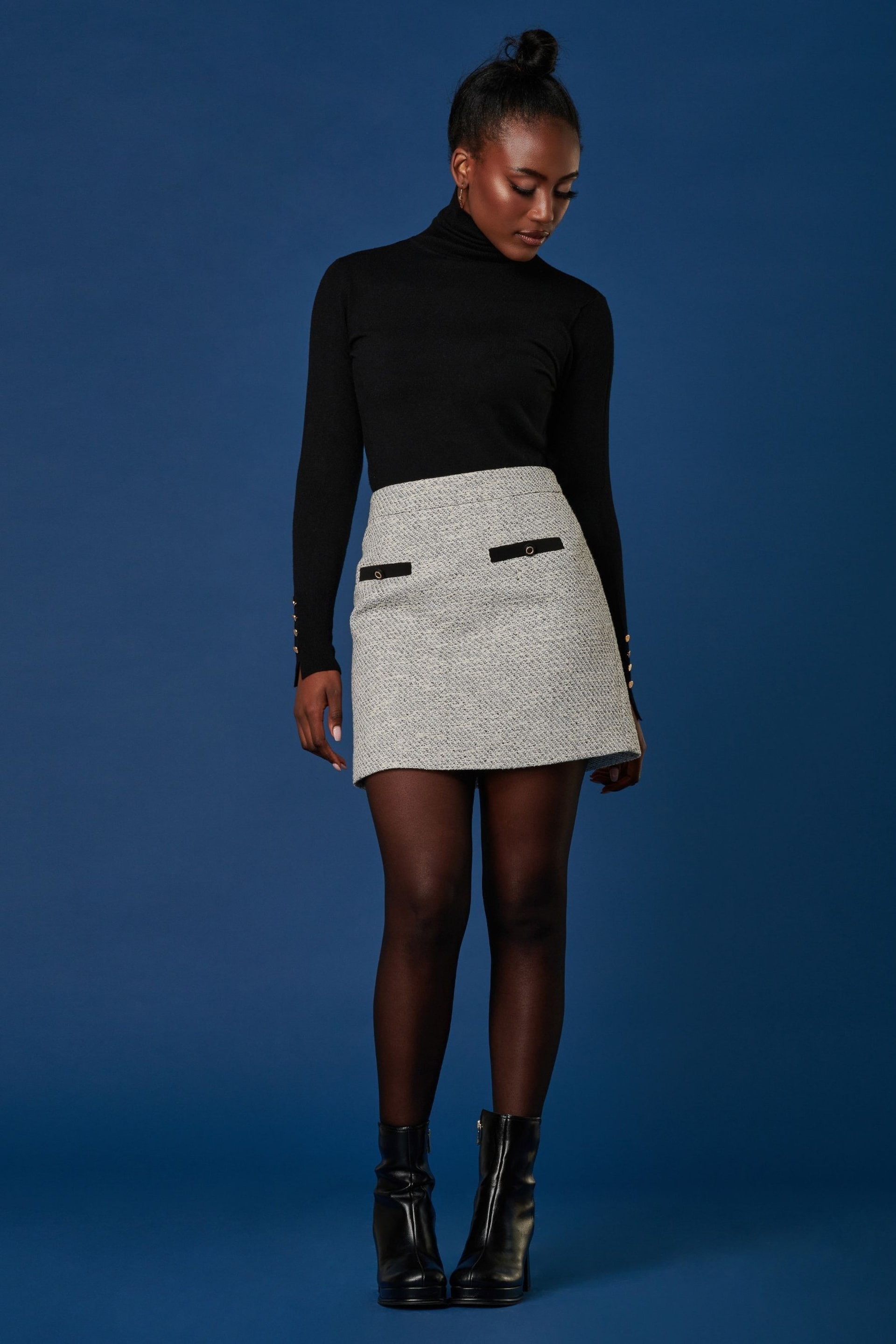 Jolie Moi Grey Contrast A-line Tweed Skirt - Image 5 of 6