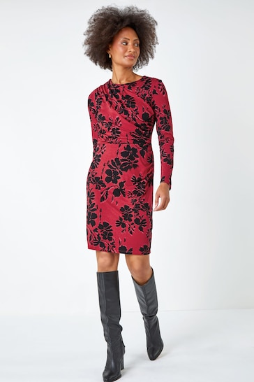 Dusk Red Floral Ruched Waist Stretch Dress