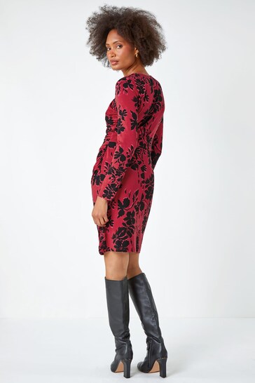 Dusk Red Floral Ruched Waist Stretch Dress