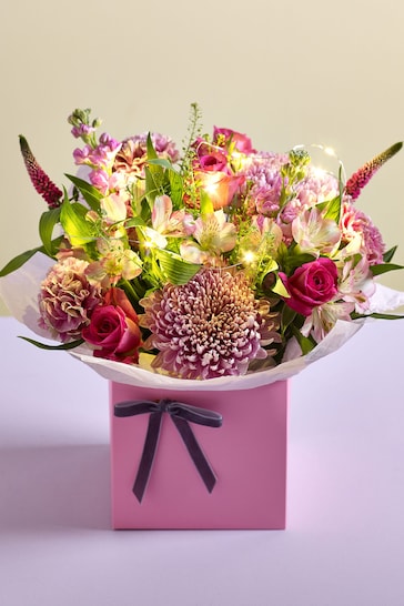 Pink Fresh Flower Bouquet With Lights in Gift Bag