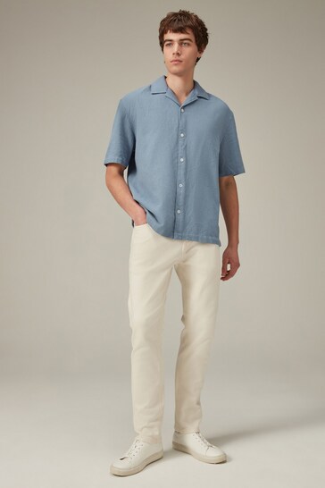 Blue Textured Short Sleeve Cuban Collar Shirt
