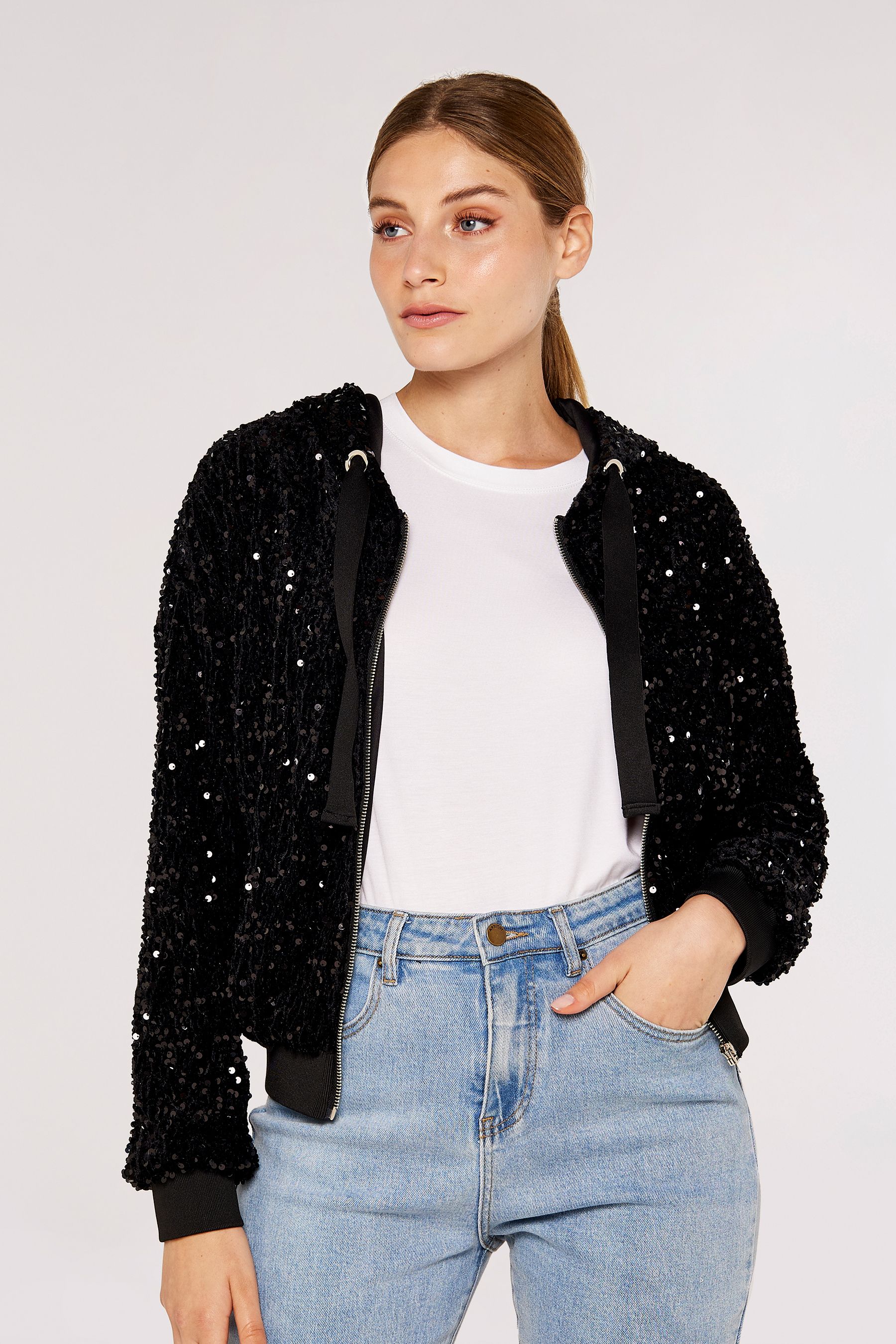 Buy Apricot Black All Over Sequin Bomber Jacket from the Next UK