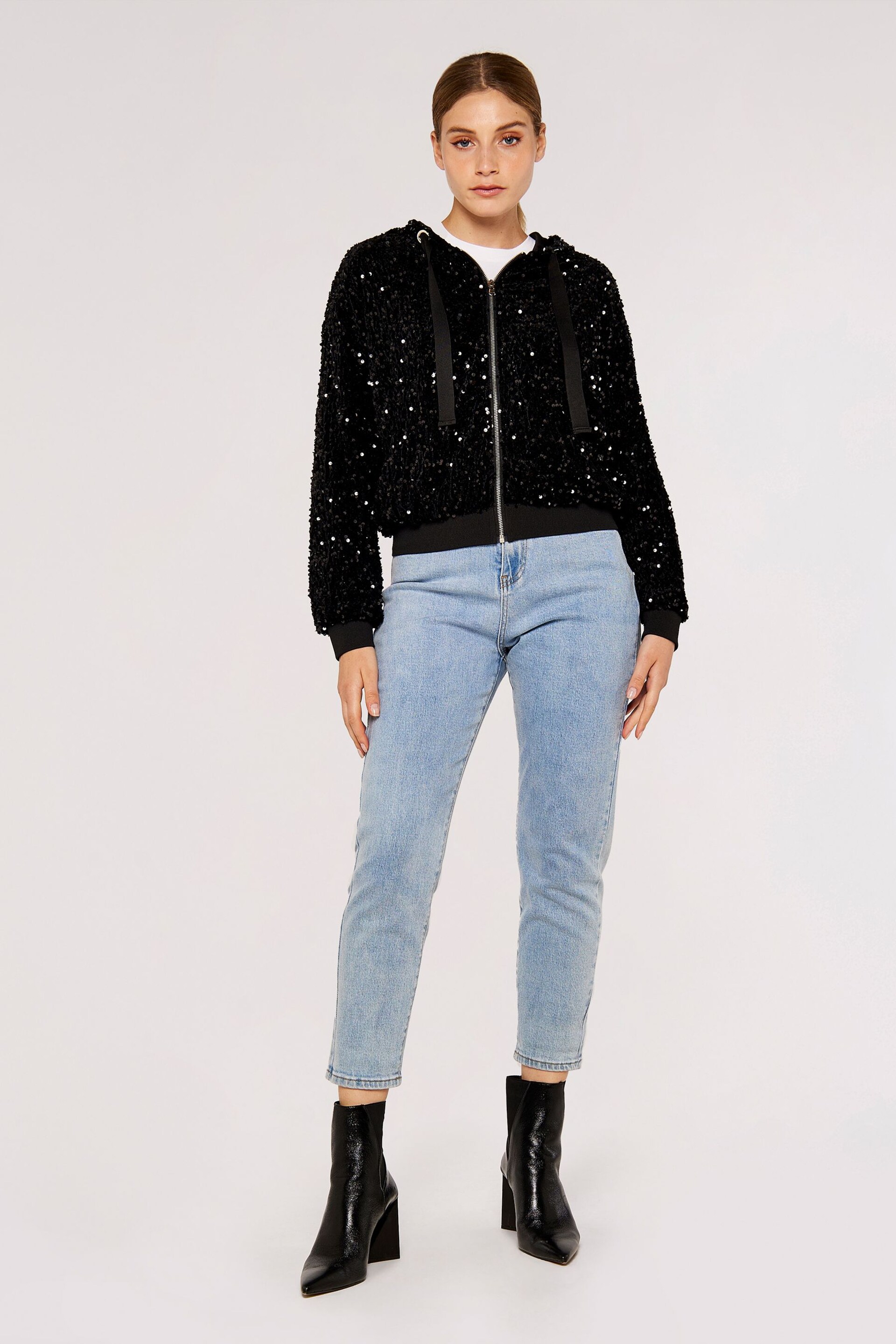 Apricot Black All Over Sequin Bomber Jacket - Image 3 of 5