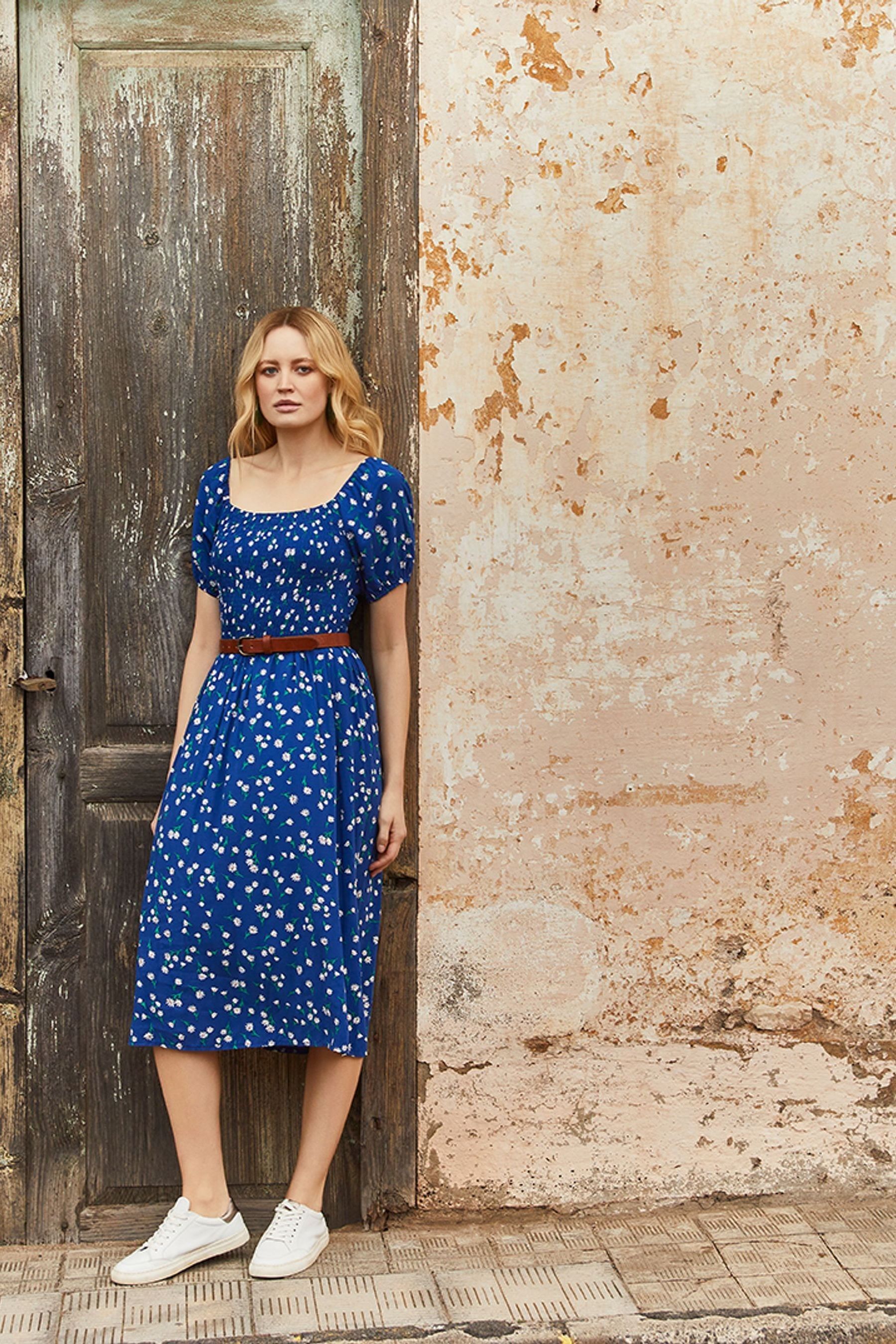 Apricot Blue Floral Puff Short Sleeve Midi Dress