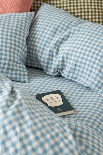Piglet in Bed Warm Blue Gingham Set of 2 Linen Pillowcases