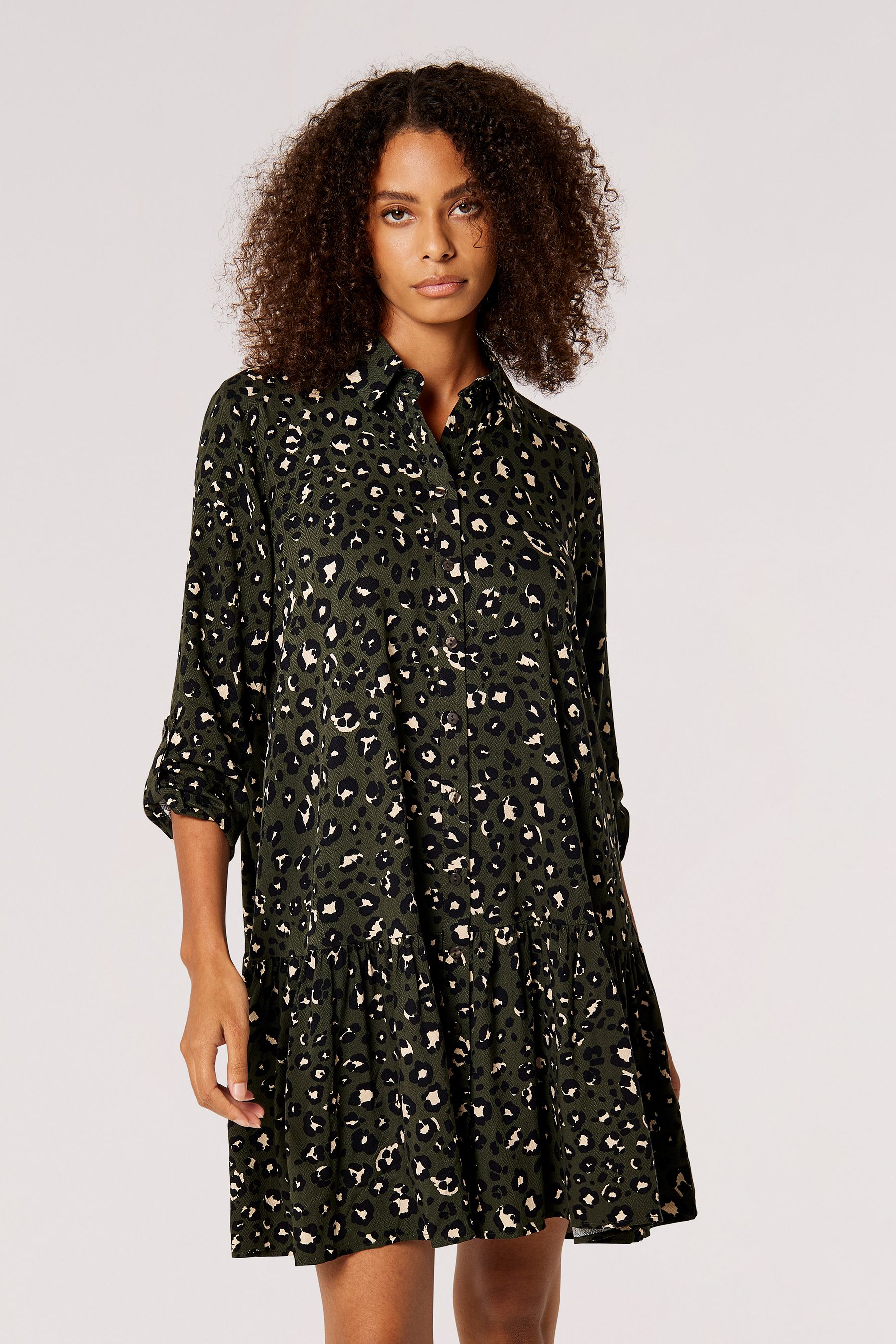 Buy Apricot Green Leopard Tiered Swing Shirt Dress from the Next