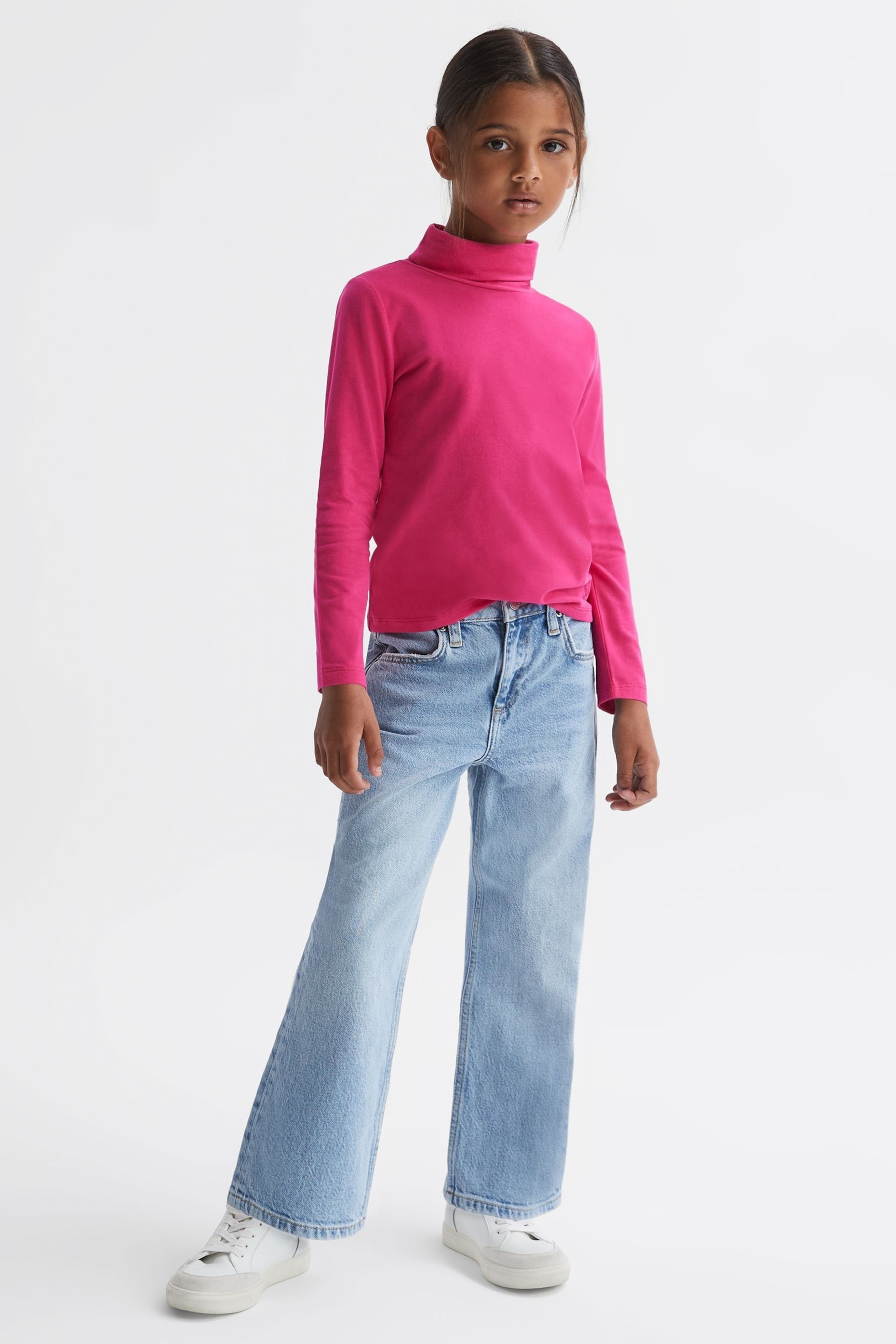 Reiss Bright Pink Carey Junior Cotton Blend Roll Neck Top - Image 3 of 5