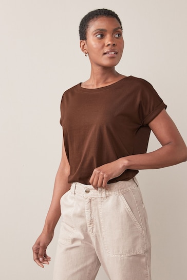 Chocolate Brown Round Neck Cap Sleeve T-Shirt