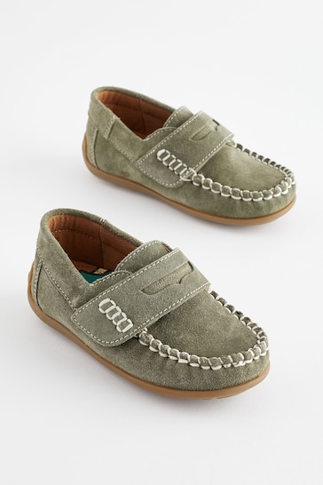 Sage Green Standard Fit (F) Leather Penny Loafers with Touch and Close Fastening