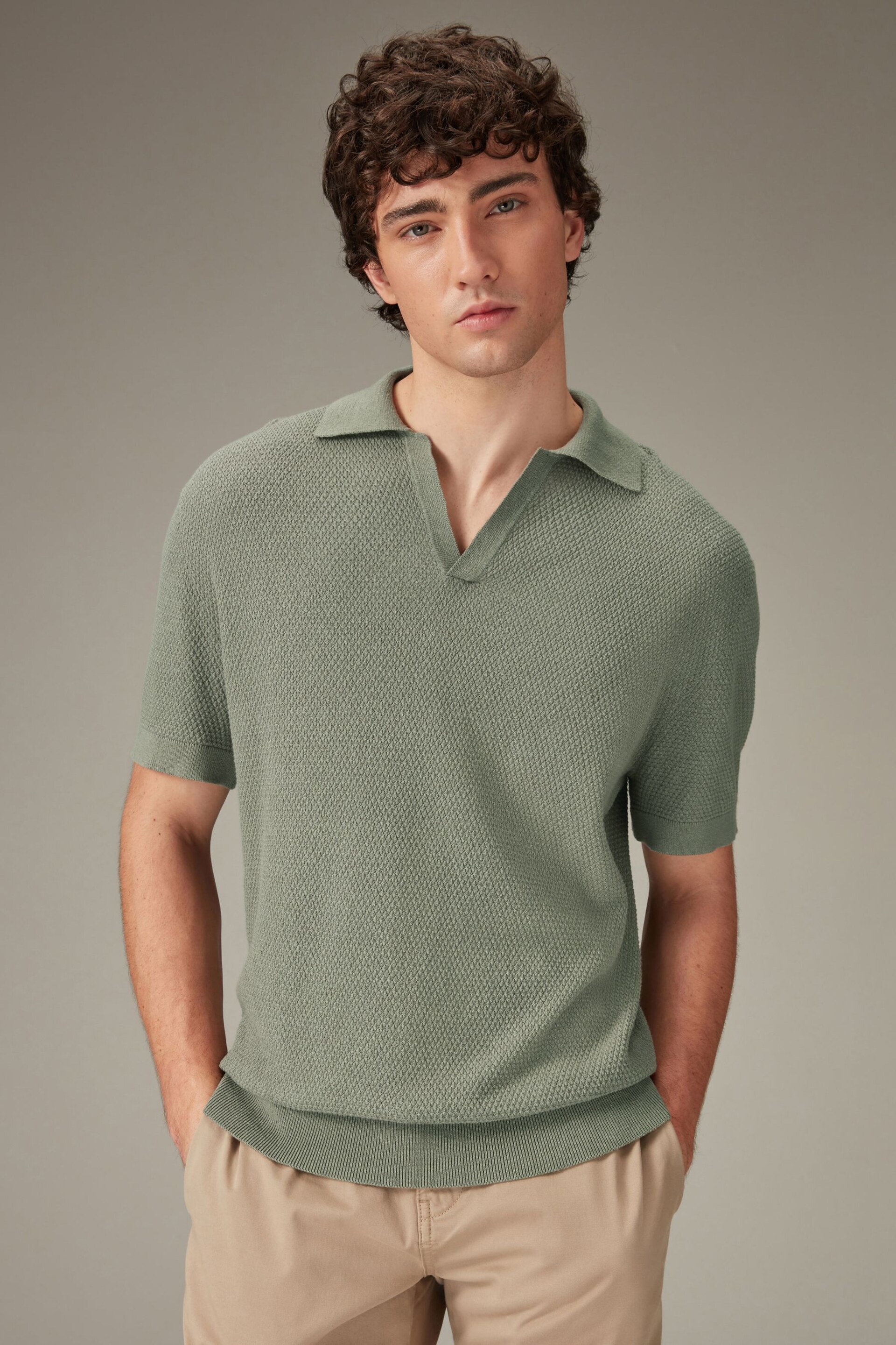Green Trophy Linen Blend Knitted Polo Shirt - Image 1 of 7