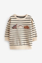 Ecru Cream Stripe Dinosaur Embroidered Crew Neck 100% Cotton Sweatshirt (3mths-7yrs) - Image 3 of 5