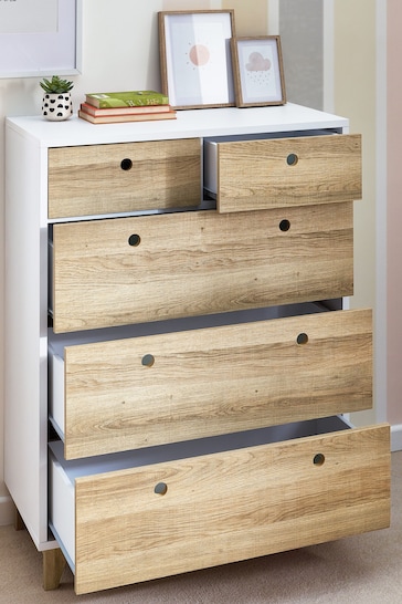 White/Wood Effect Parker Kids 5 Drawer Chest of Drawers