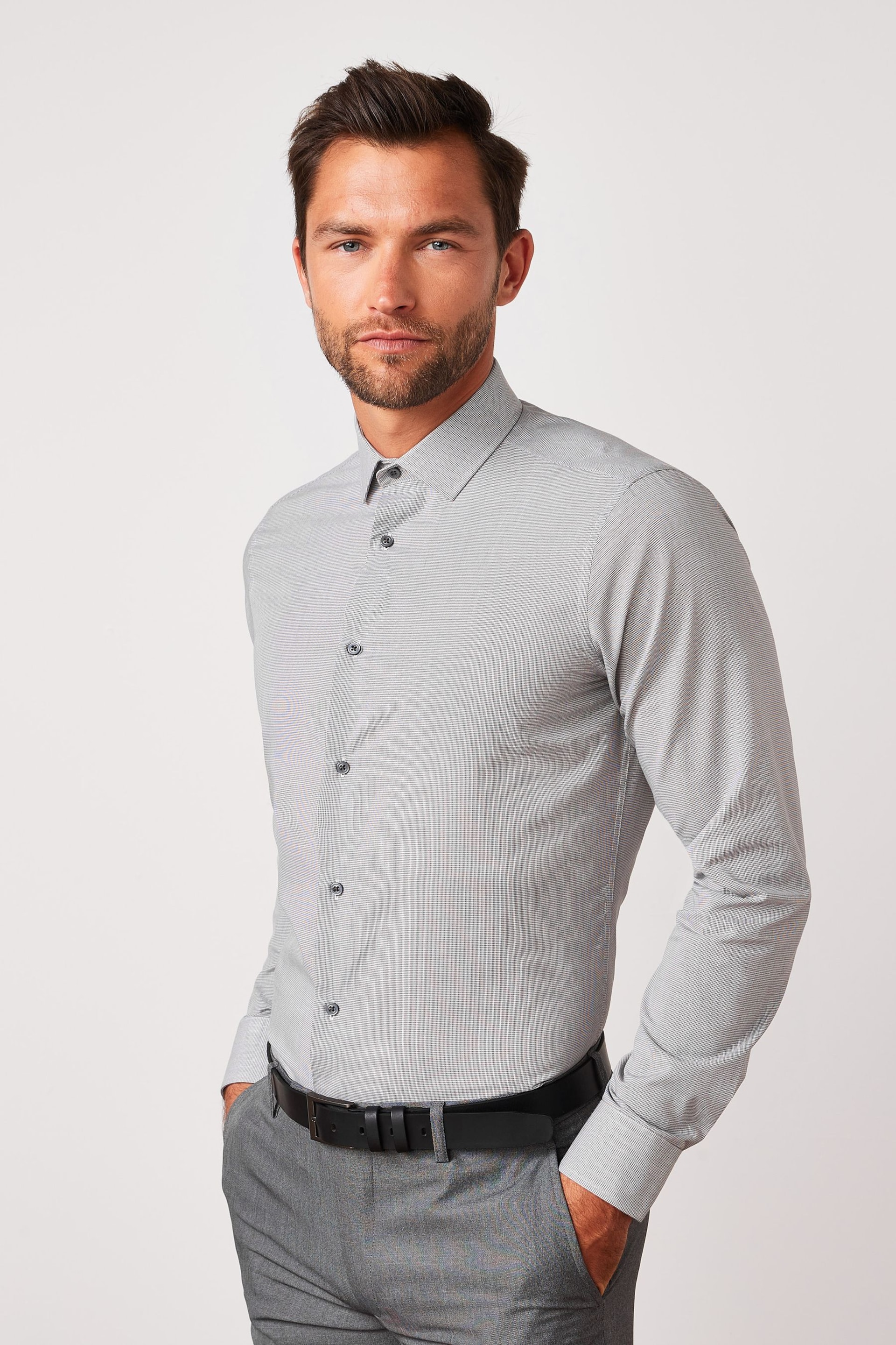 Grey Slim Fit Single Cuff Easy Care Shirts 3 Pack - Image 3 of 15
