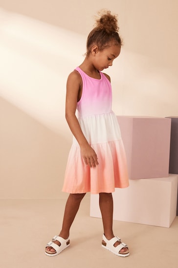 Pink/Apricot Orange Ombre Jersey Back Detail Tiered Dress (3-16yrs)
