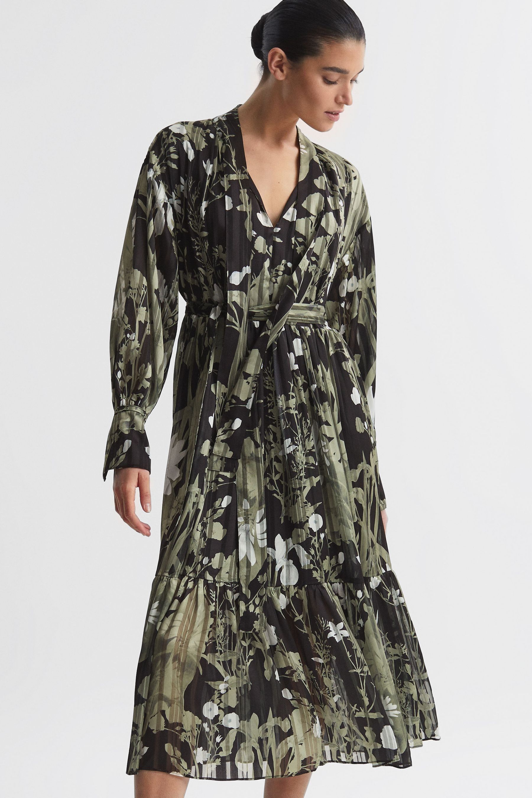 Buy Reiss Green Lottie Floral Print Tie Neck Midi Dress from Next Luxembourg