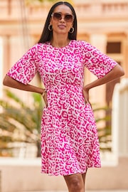 Sosandar Pink Animal Print Fluted Sleeve Fit and Flare Dress - Image 4 of 5