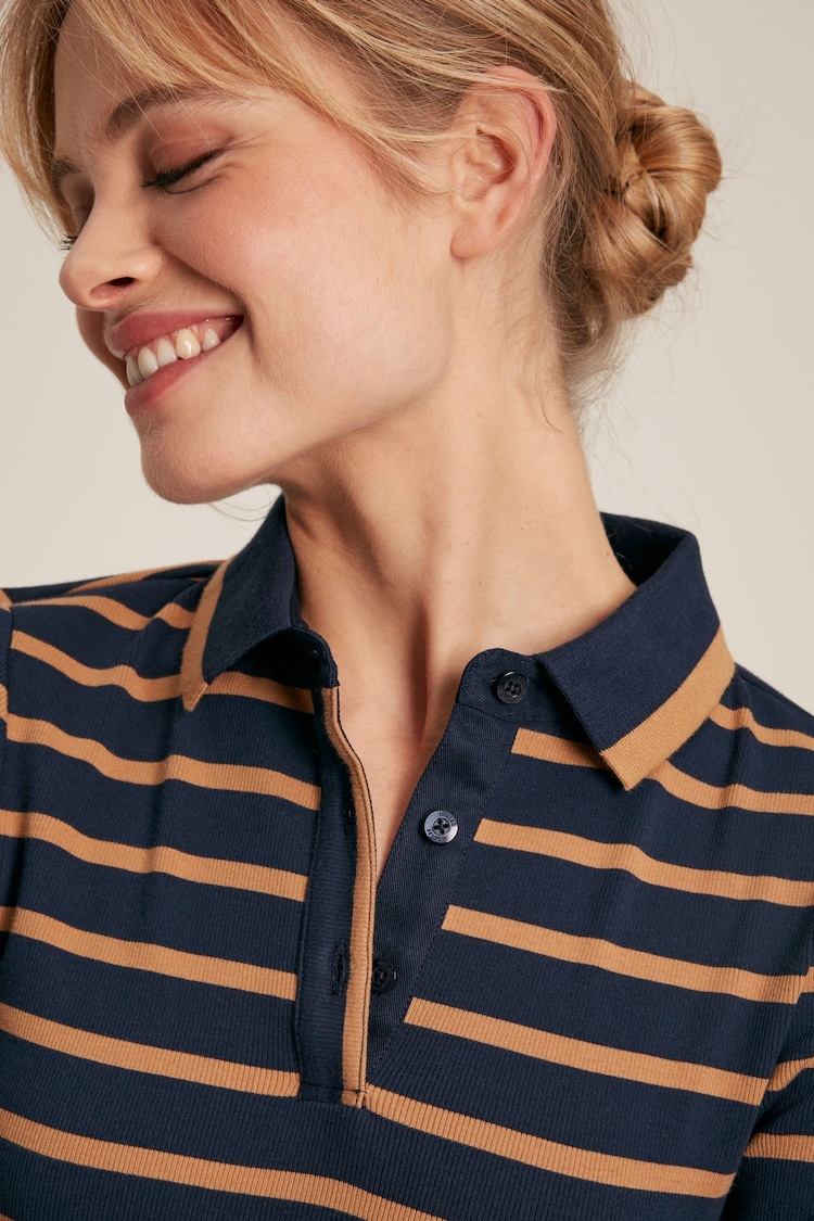 Joules Fairfield Navy & Tan Long Sleeve Ribbed Polo Shirt - Image 5 of 5