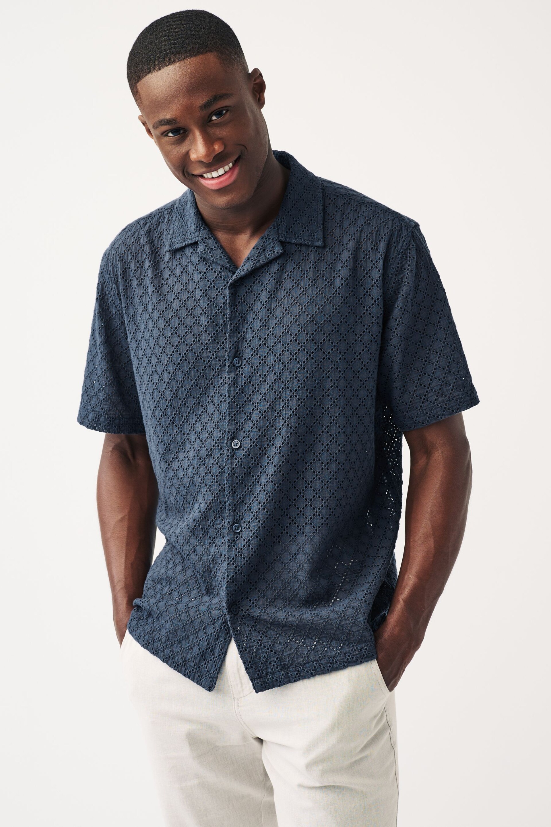 Navy Broderie Short Sleeve Shirt - Image 1 of 7