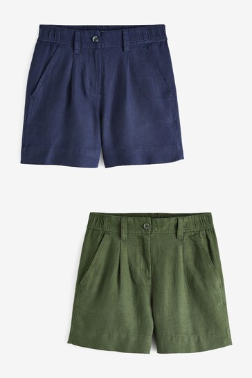 Navy Blue/Khaki Green Linen Blend Boy Shorts 2 Pack