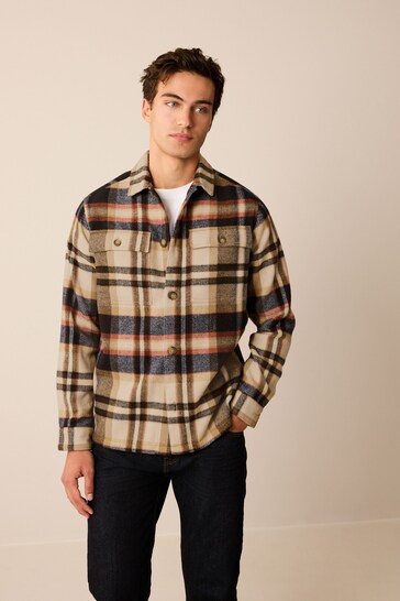 Neutral Check Shacket With Wool