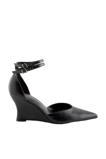Black Forever Comfort®  Double Strap Point Toe Curvy Wedges