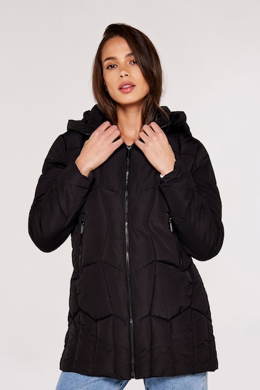 Apricot Black Mixed Panel Hooded Puffer Jacket