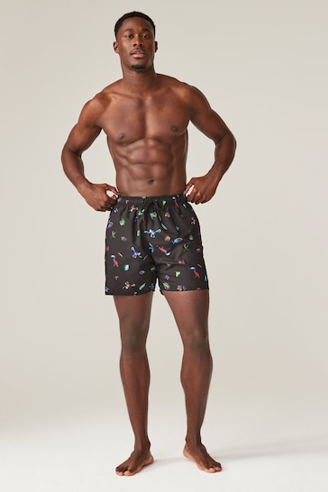 Black/Animal Regular Fit Printed Swim Shorts