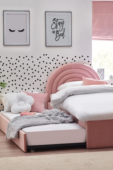 Opulent Velvet Blush Pink Rainbow Kids Upholstered Trundle Bed Frame