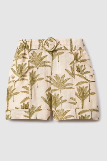 Reiss Natural Cali Tropical Print Linen Shorts