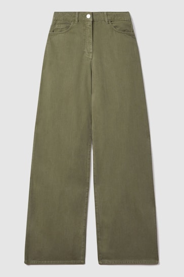 Reiss Khaki Colorado Petite Garment Dyed Wide Leg Trousers