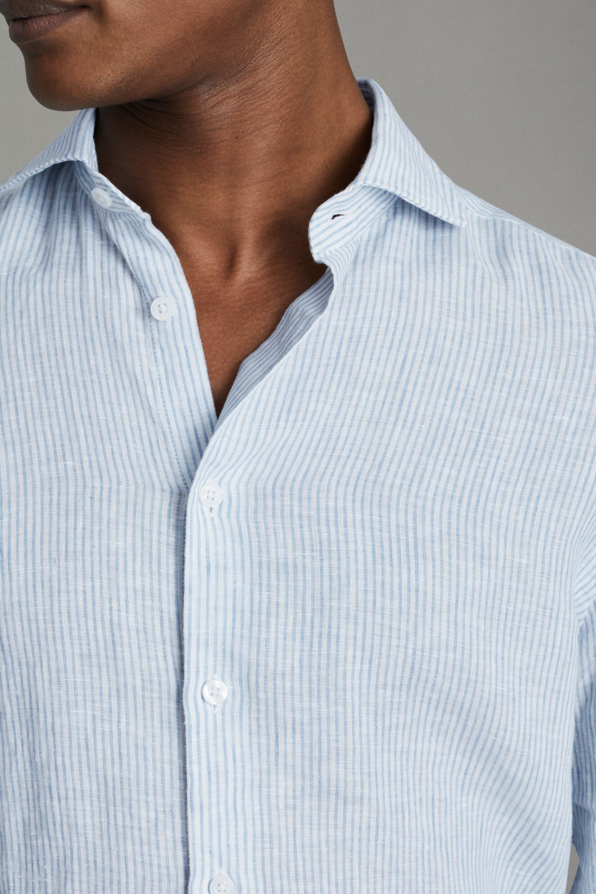 Reiss Soft Blue Fine Stripe Ruban Linen Button-Through Shirt - Image 4 of 6