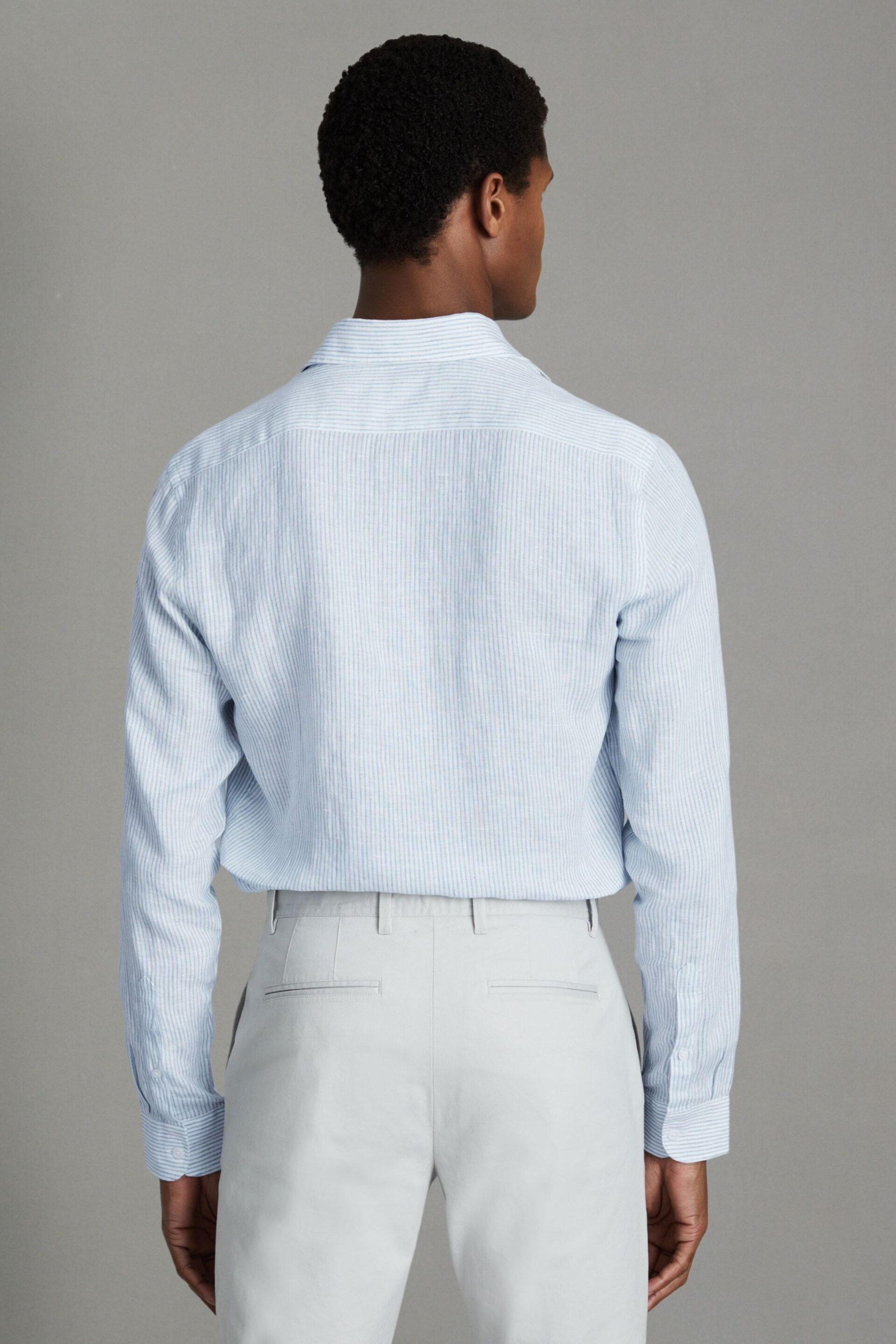 Reiss Soft Blue Fine Stripe Ruban Linen Button-Through Shirt - Image 5 of 6