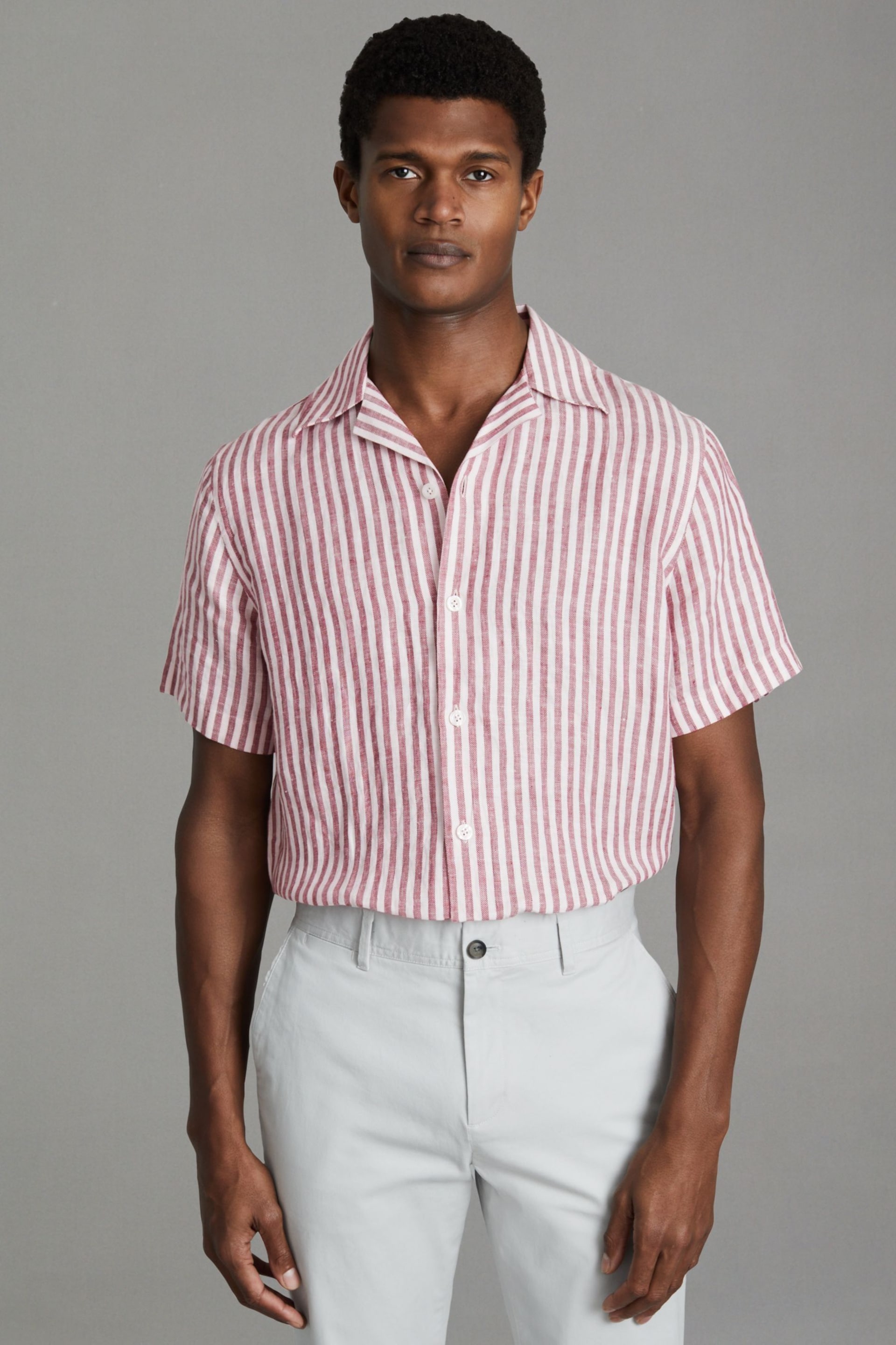 Reiss Pink Stripe Beldi Relaxed Linen Cuban Collar Shirt - Image 1 of 7