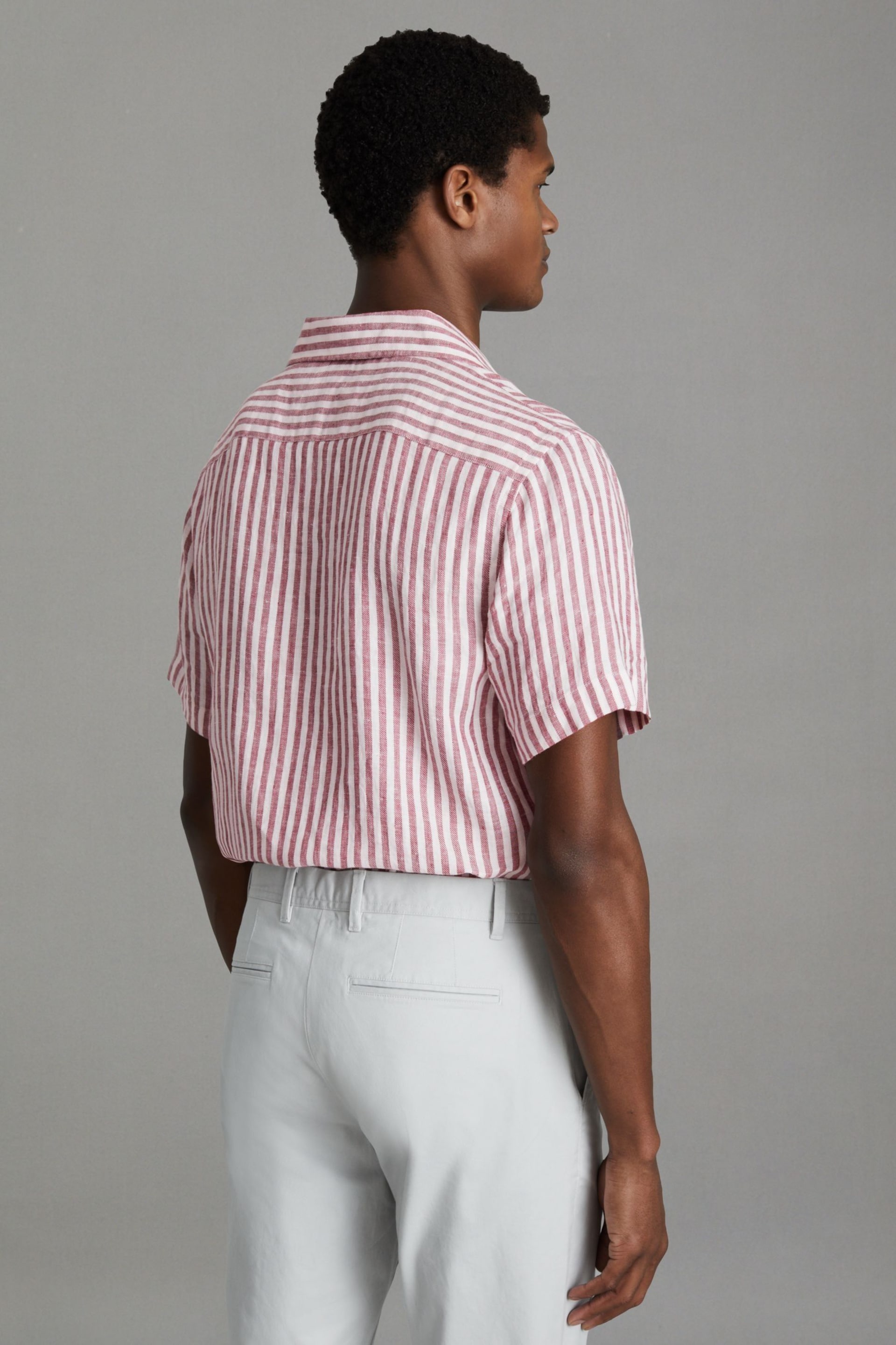 Reiss Pink Stripe Beldi Relaxed Linen Cuban Collar Shirt - Image 5 of 7
