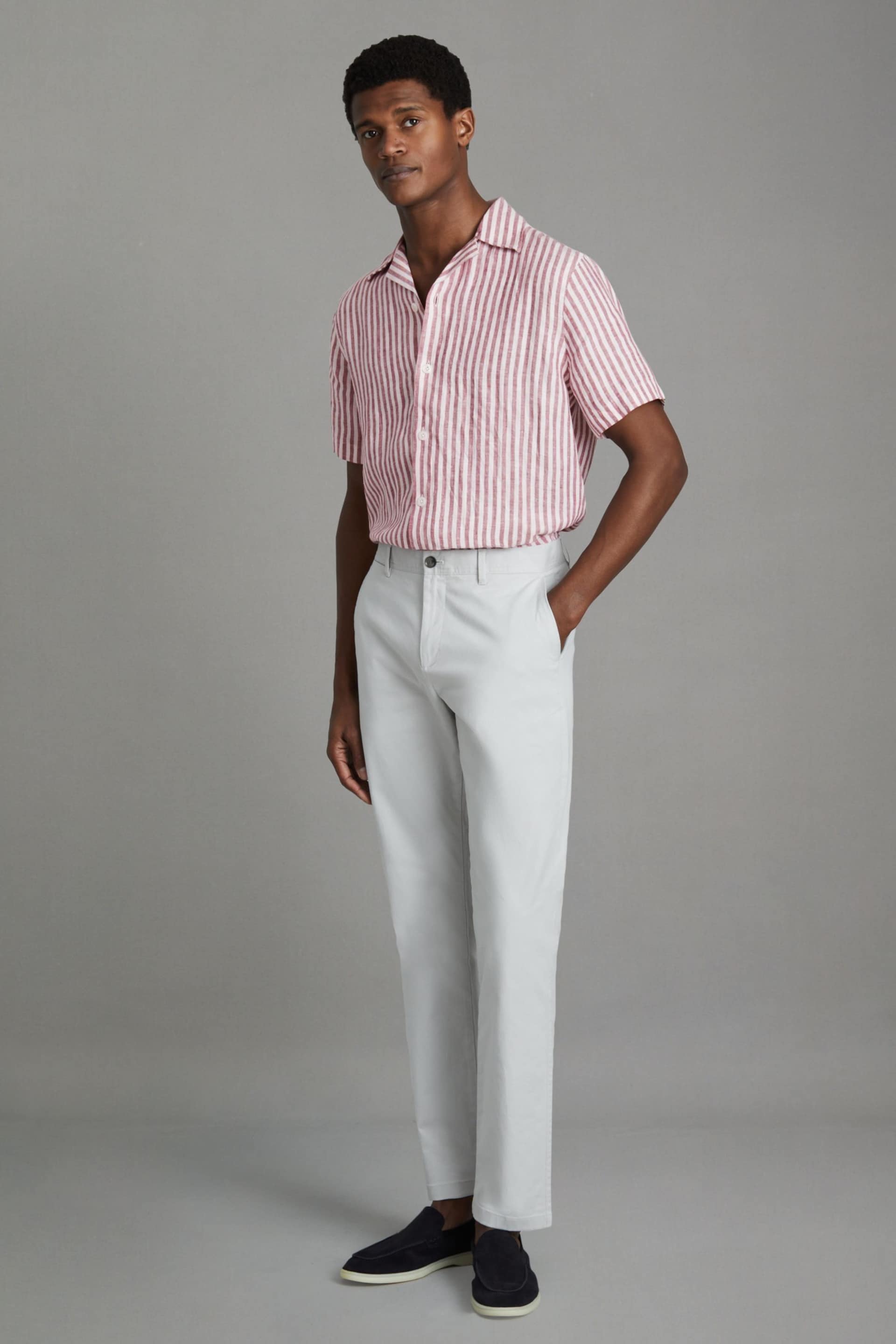 Reiss Pink Stripe Beldi Relaxed Linen Cuban Collar Shirt - Image 6 of 7