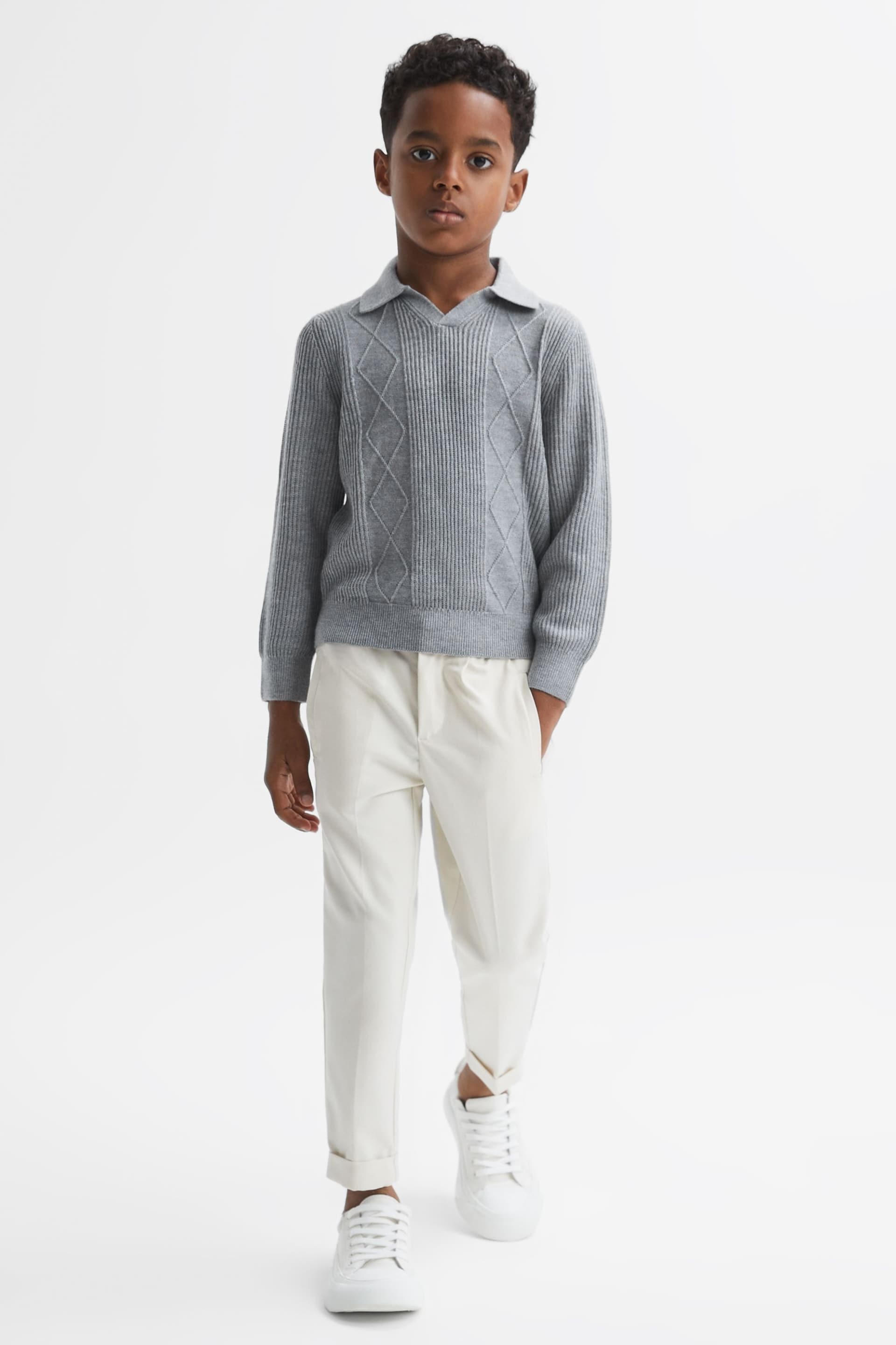 Reiss Soft Grey Melange Malik Junior Knitted Open-Collar Top - Image 1 of 6