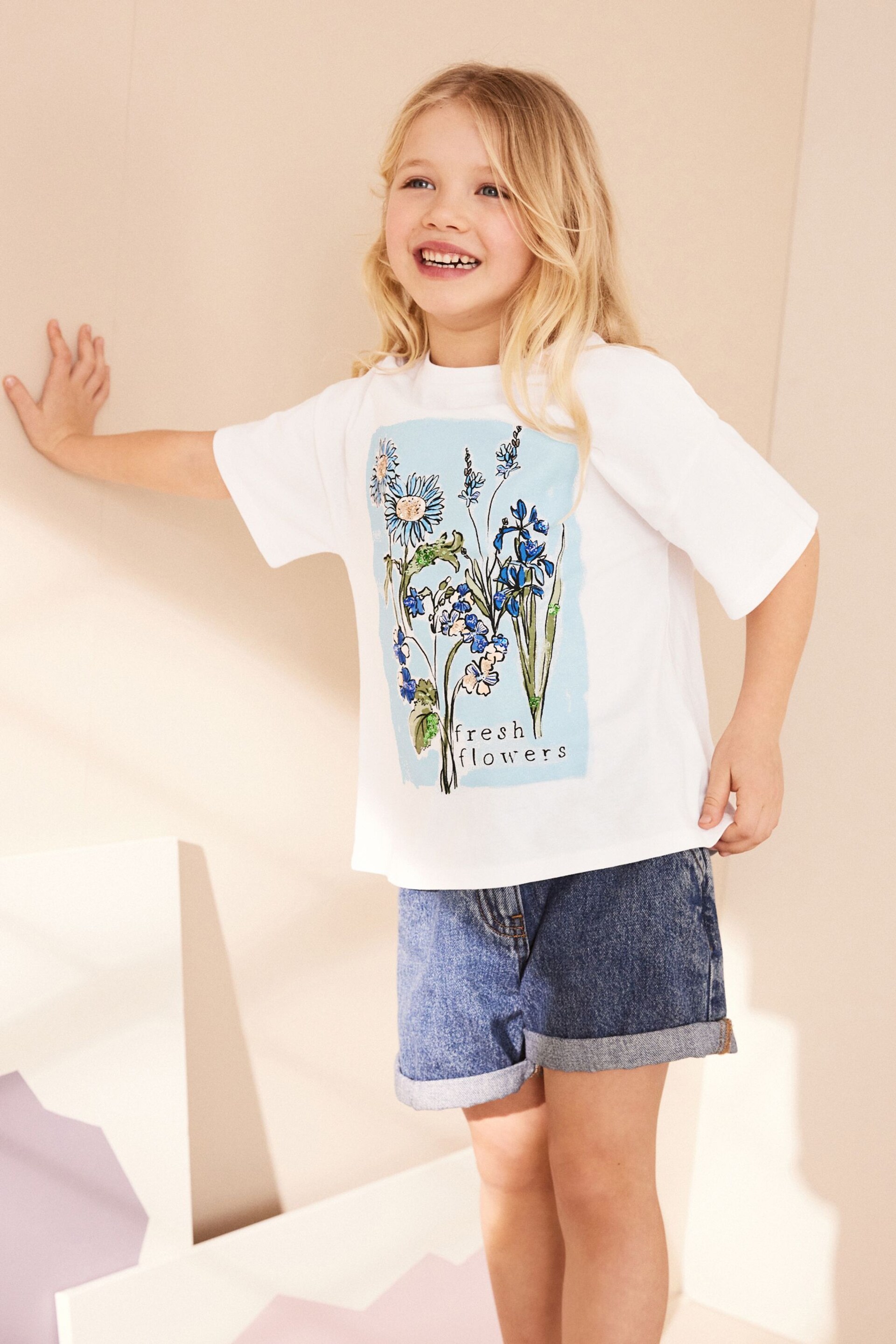 White/Blue Sequin Flowers T-Shirt (3-16yrs) - Image 1 of 6