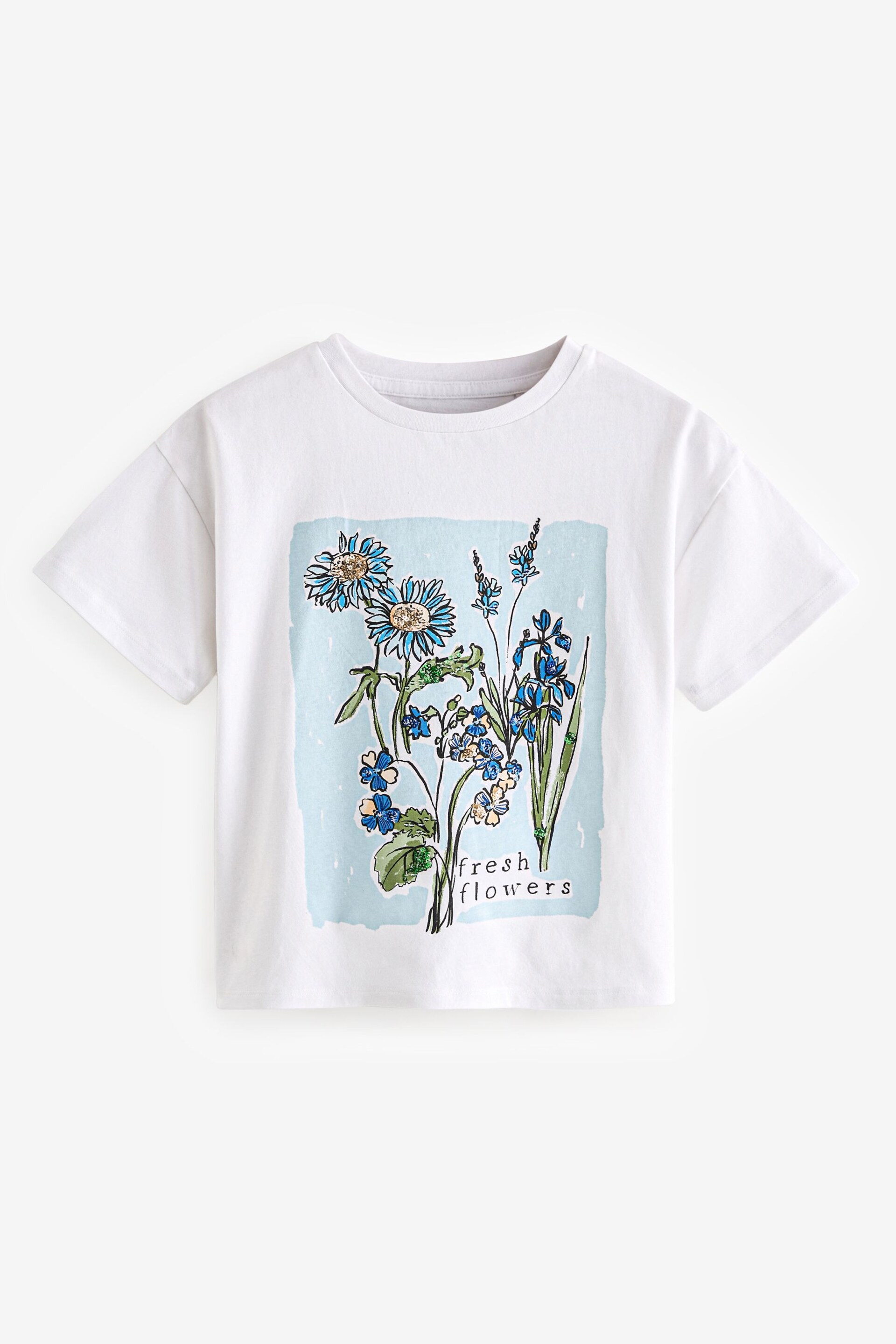 White/Blue Sequin Flowers T-Shirt (3-16yrs) - Image 4 of 6