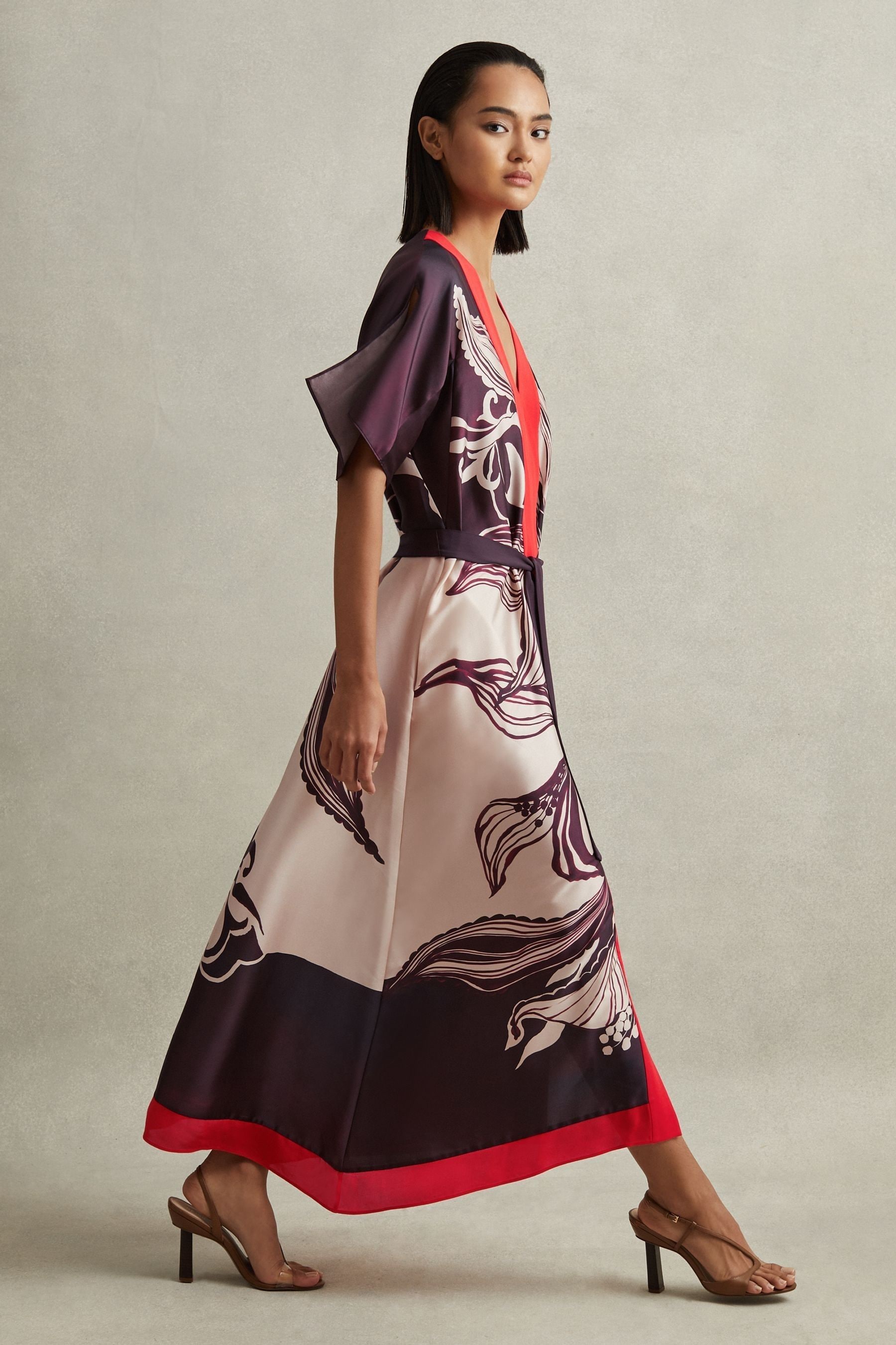 Buy Reiss Ivory Burgundy Hanna Petite Printed Front Split Midi Dress from the Next UK online shop