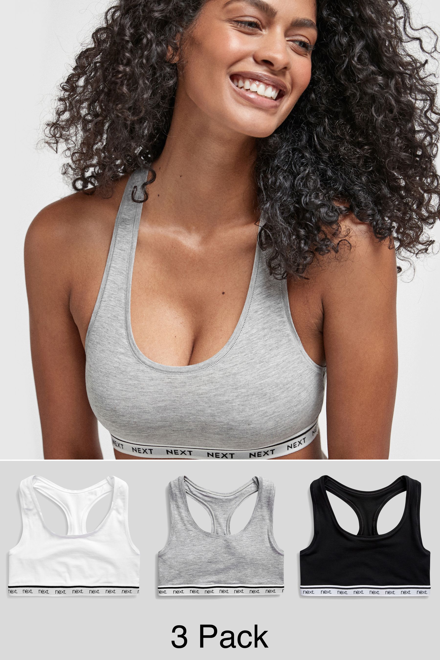 Buy Black Grey Marl White Cotton Crop Top 3 Pack from the Next UK online shop