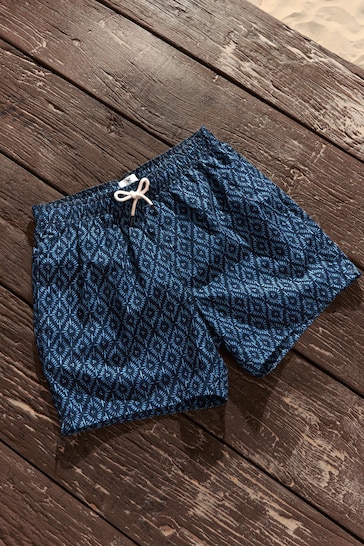 Navy Blue Relaxed Fit Printed Swim Shorts