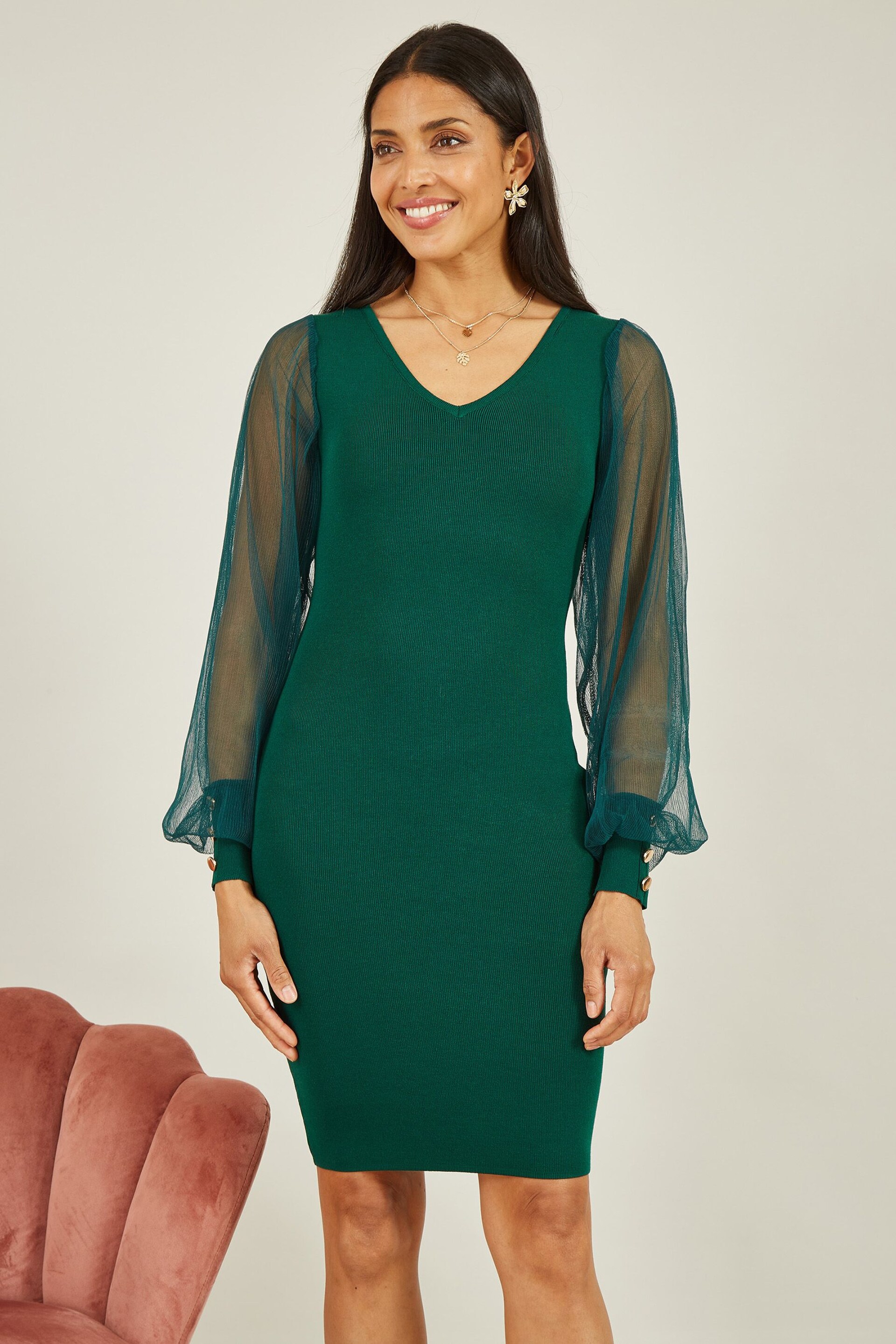 Yumi Green Knitted Body Con Dress With Chiffon Sleeve - Image 1 of 5