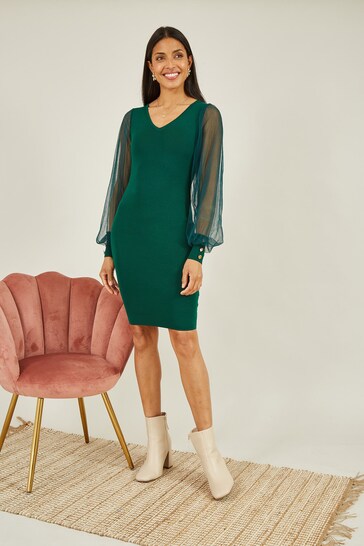 Yumi Green Knitted Body Con Dress With Chiffon Sleeve