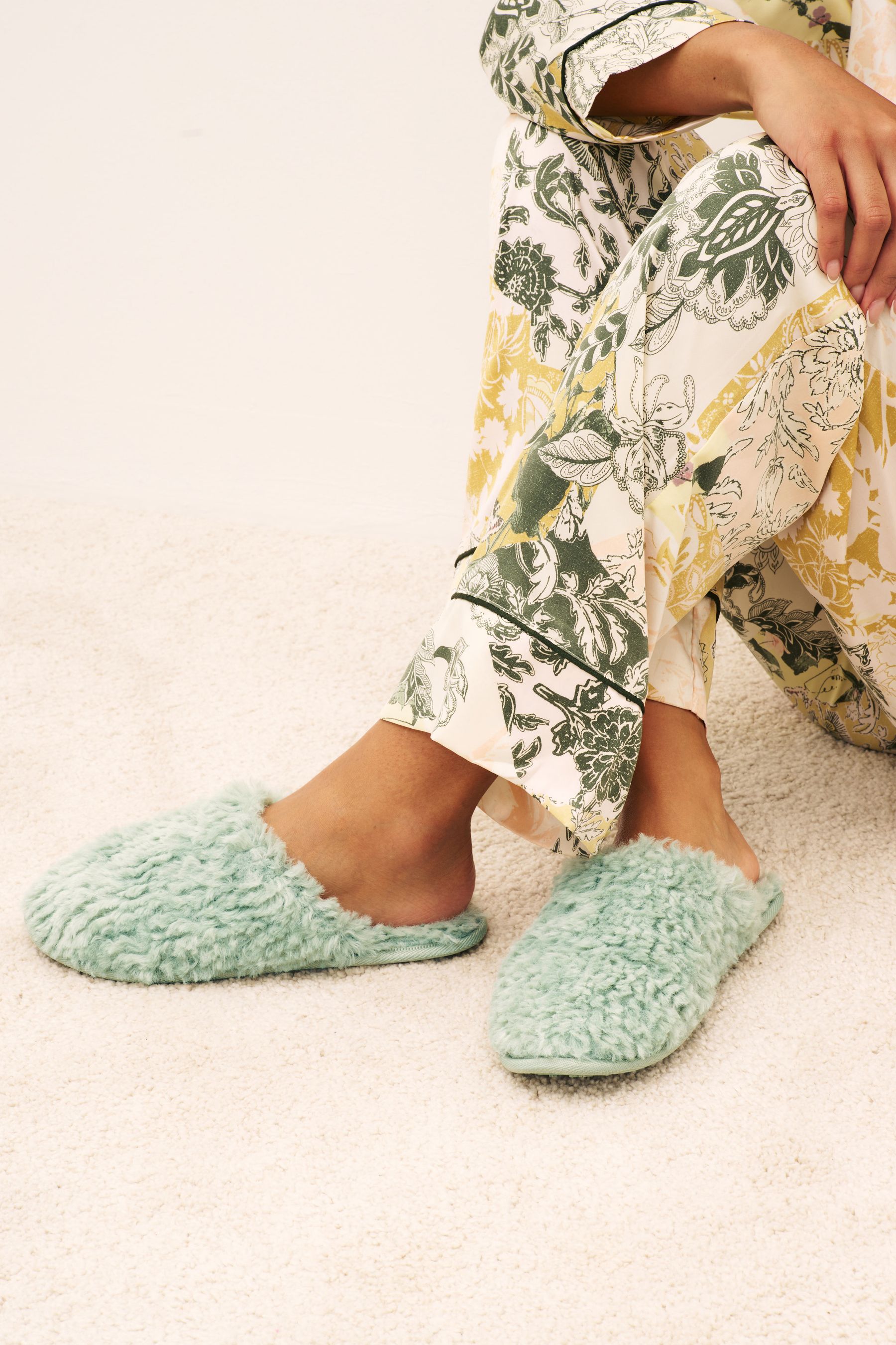 Buy Sage Green Recycled Faux Fur Cosy Mule Slippers from Next Luxembourg