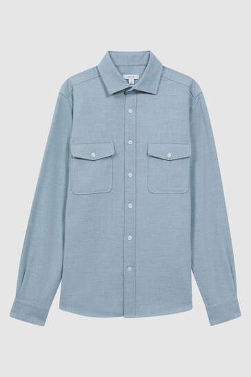 Reiss Soft Blue Melange Chaser Button-Through Twin Pocket Overshirt