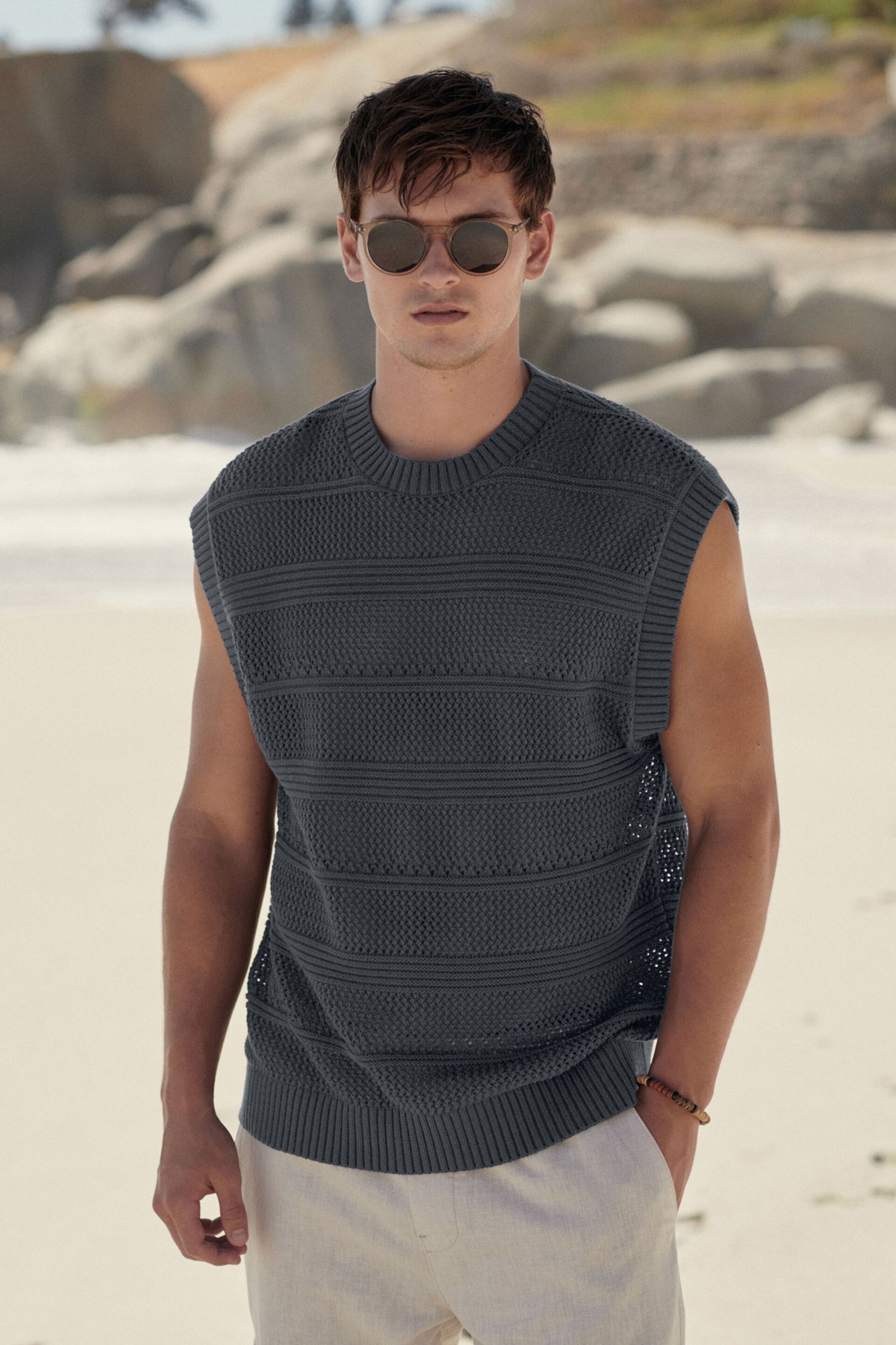 Charcoal Grey Knitted Crochet Regular Fit Tank - Image 2 of 7
