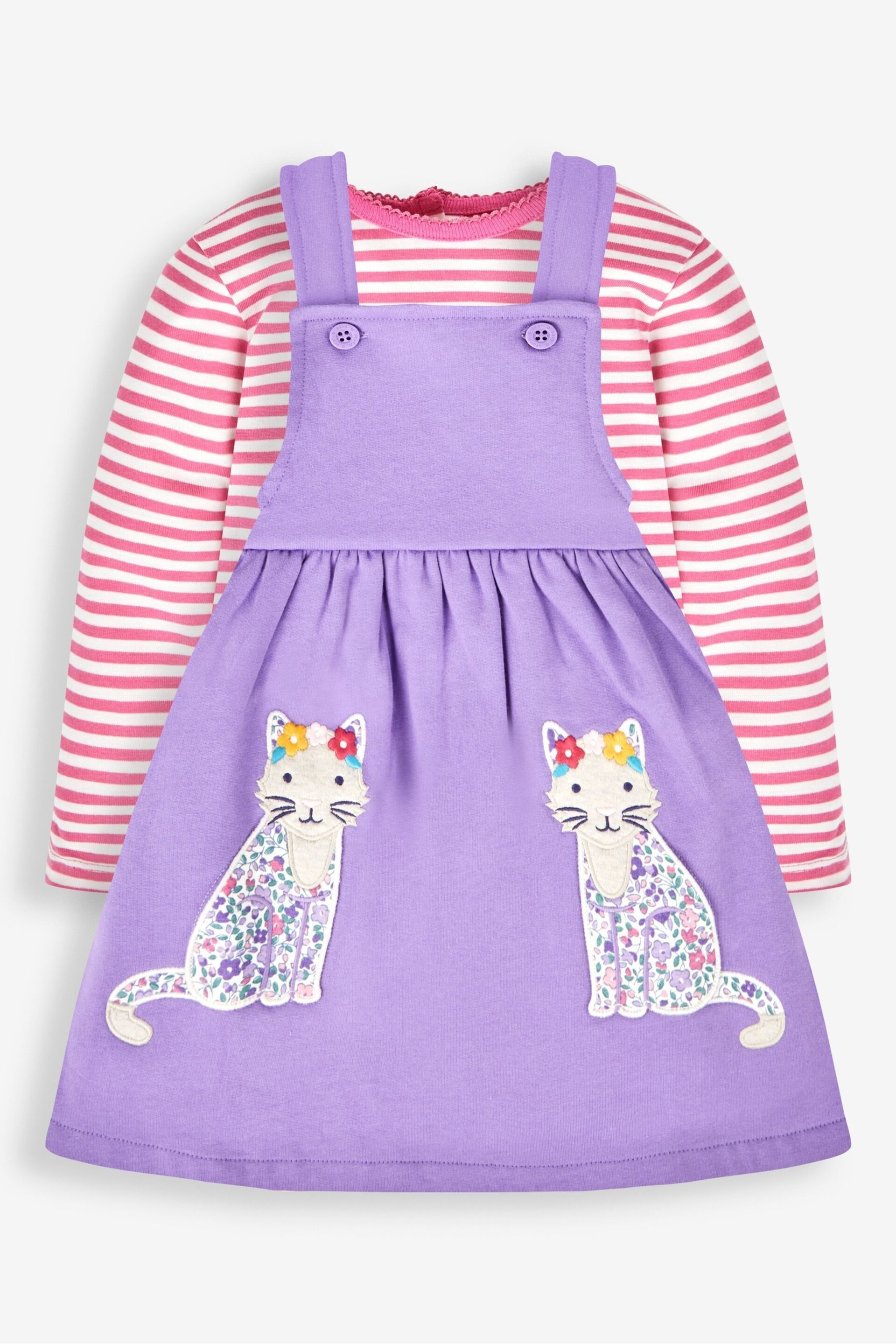 JoJo Maman Bébé Lilac Purple Cat Girls' 2-Piece Appliqué Pinafore Dress & Top Set - Image 1 of 6