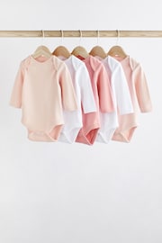 Pink/White 5 Pack 100% Cotton Essential Long Sleeve Baby Bodysuits - Image 1 of 6