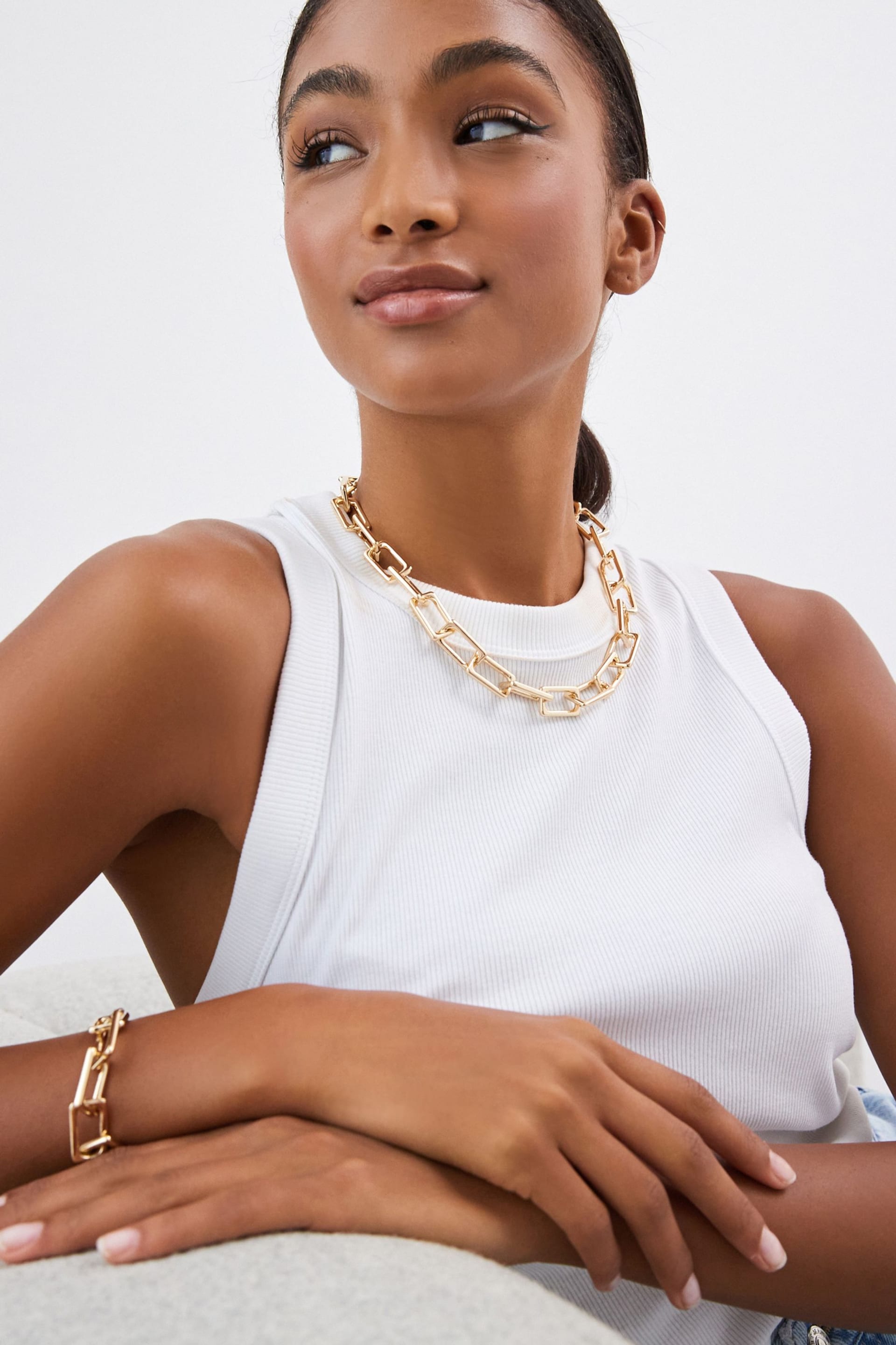 Gold Tone Rectangular Link Chunky Chain Necklace - Image 1 of 5
