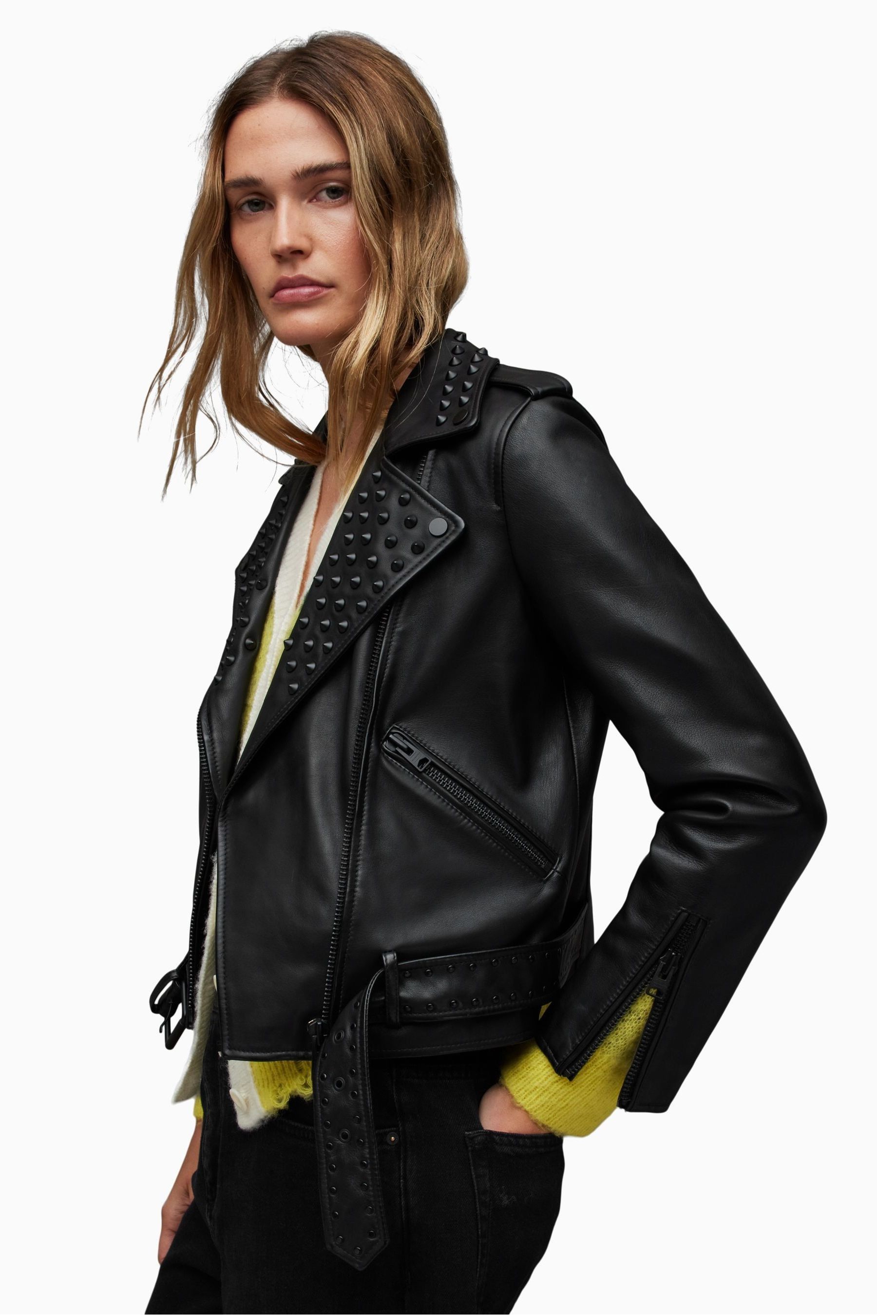 Allsaints balfern studded leather biker jacket top
